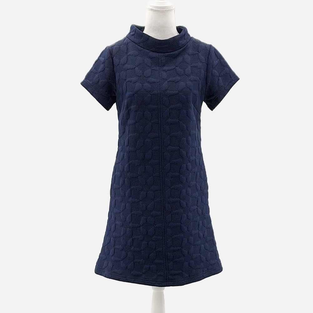 Anthropologie Tabitha High Neck Short Sleeve Textured Dress Navy - Small Petite
